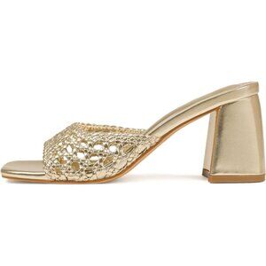 Women's Gold Mesh Slide Sandals Square Open Toe Mules Chunky Heels Slip Shoes